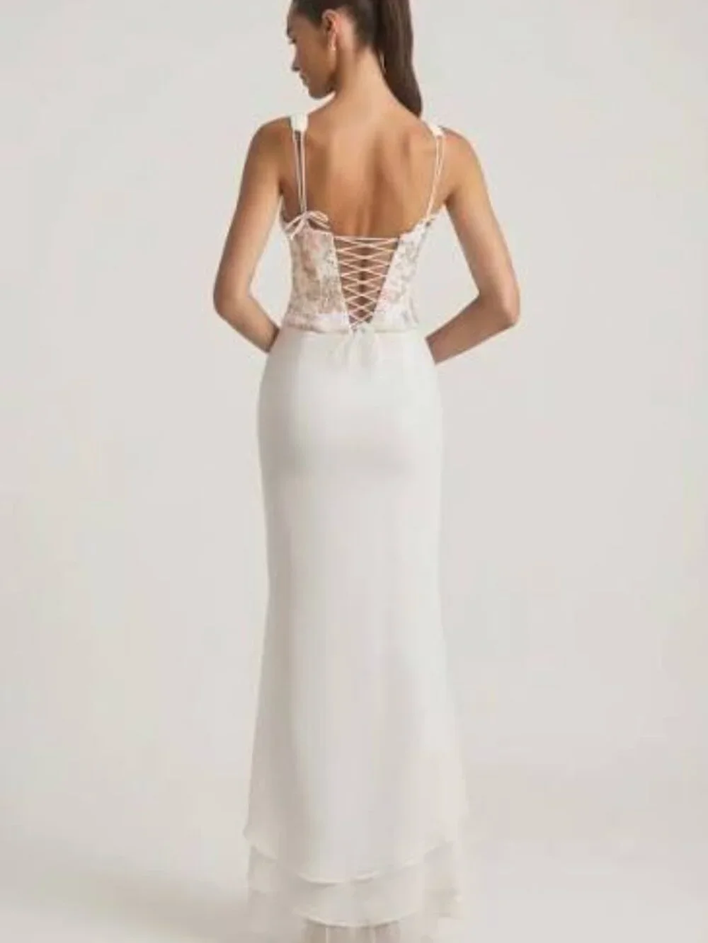 Embellished Plunge Ruffled Corset Maxi Dress in Ivory Size 2